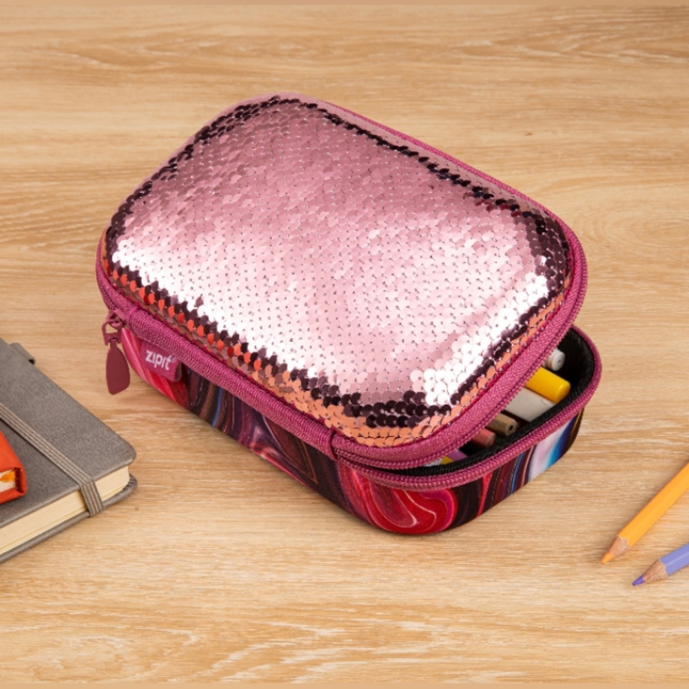 NWT Zip it Pink Sequin Storage Box/Pencil Case